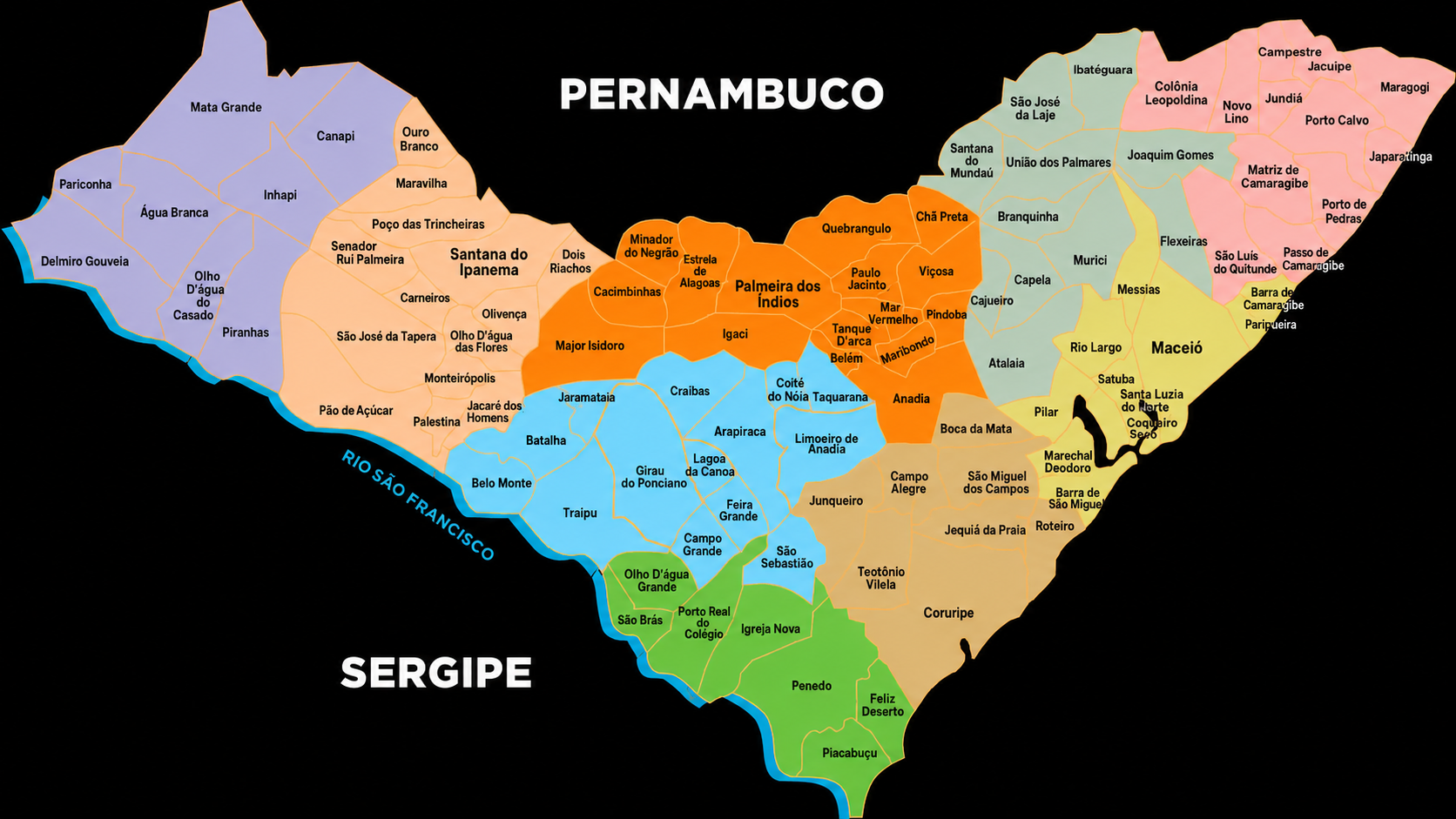 Mapa de Alagoas com equipes ciclistas
